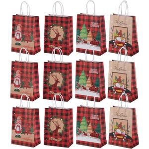 Maetrin 12PCS Small Christmas Gift Bags Reusable, 4 Styles Kraft Paper Bags Christmas with Handle Bulk for Xmas Party Presents Favors with 12Pcs Gift Tags, Each Bag Size 8.3 * 5.9 * 3.2IN (12packs)