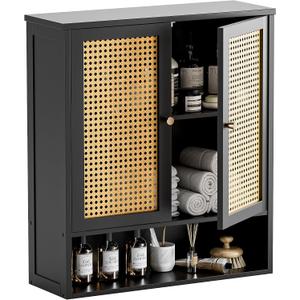HITNET Wall Mounted Bathroom Cabinet, Rattan Hanging Cabinet, Space-Saving Bathroom Wall Cabinet with 2 Doors and Adjustable Shelves, Black, 23.23" W X 8.27" D X 26.18" H