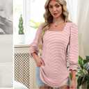 Women Dressy Shirt 3/4 Sleeve Blouse Casual 2025 Fall Fashion Top Square Neck Pleated Loose Fit Business Basic Top (Pink, S)