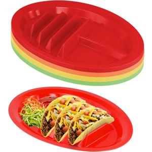 JAPCHET 20 Pack Plastic Taco Plates with Dividers, Colorful Taco Holder Plates Includes 2 Dipping Areas for 3 Tacos, Soft & Hard Taca Shell, 12.8 x 8.9 Inches