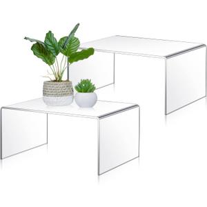 RattanView 2 Pcs 12 Inch Large Acrylic Risers Display Stands 5 mm Thick Acrylic Shelf Riser Showcase for Collectibles Jewelry Cupcakes Food Figures Perfume Cabinet(Clear)