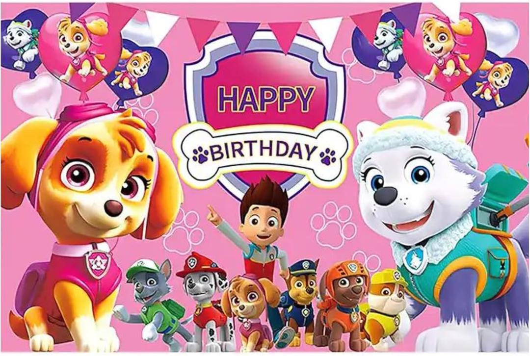 Paw Pups Patrol Birthday Backdrop - Girls Pink Tapestry Background Decoration Featuring Skye and Everest for A Puppy Party Themed Happy Birthday Party Photography Banner Back Drop V2