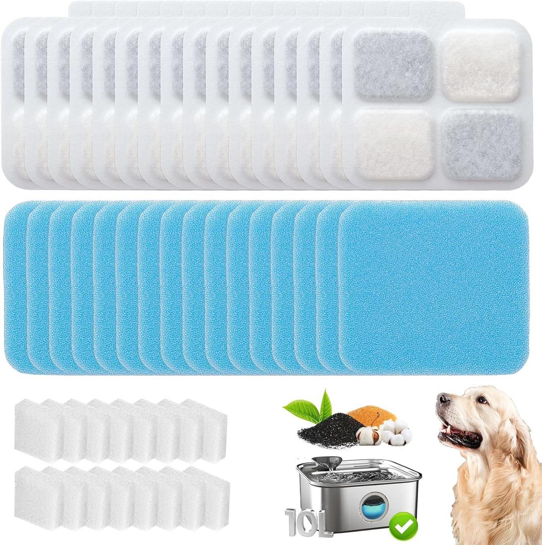 16+16 Pack Replacement Filters Compatible with Oneisall 10L/2.64Gal Stainless Steel Dog Water Fountain, Includes 16 Filters & 16 Sponges