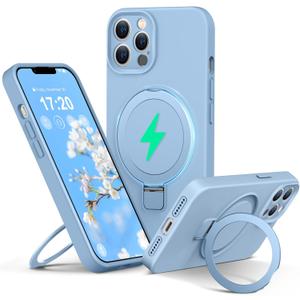 Liquid Silicone Case for iPhone 12 pro MAX with Magnetic Ring Stand, Upgraded Camera Lens Protection, Mil-Grade Drop Shockproof, Anti-Scratch Microfiber Lining Silicone Case (Azure Blue)