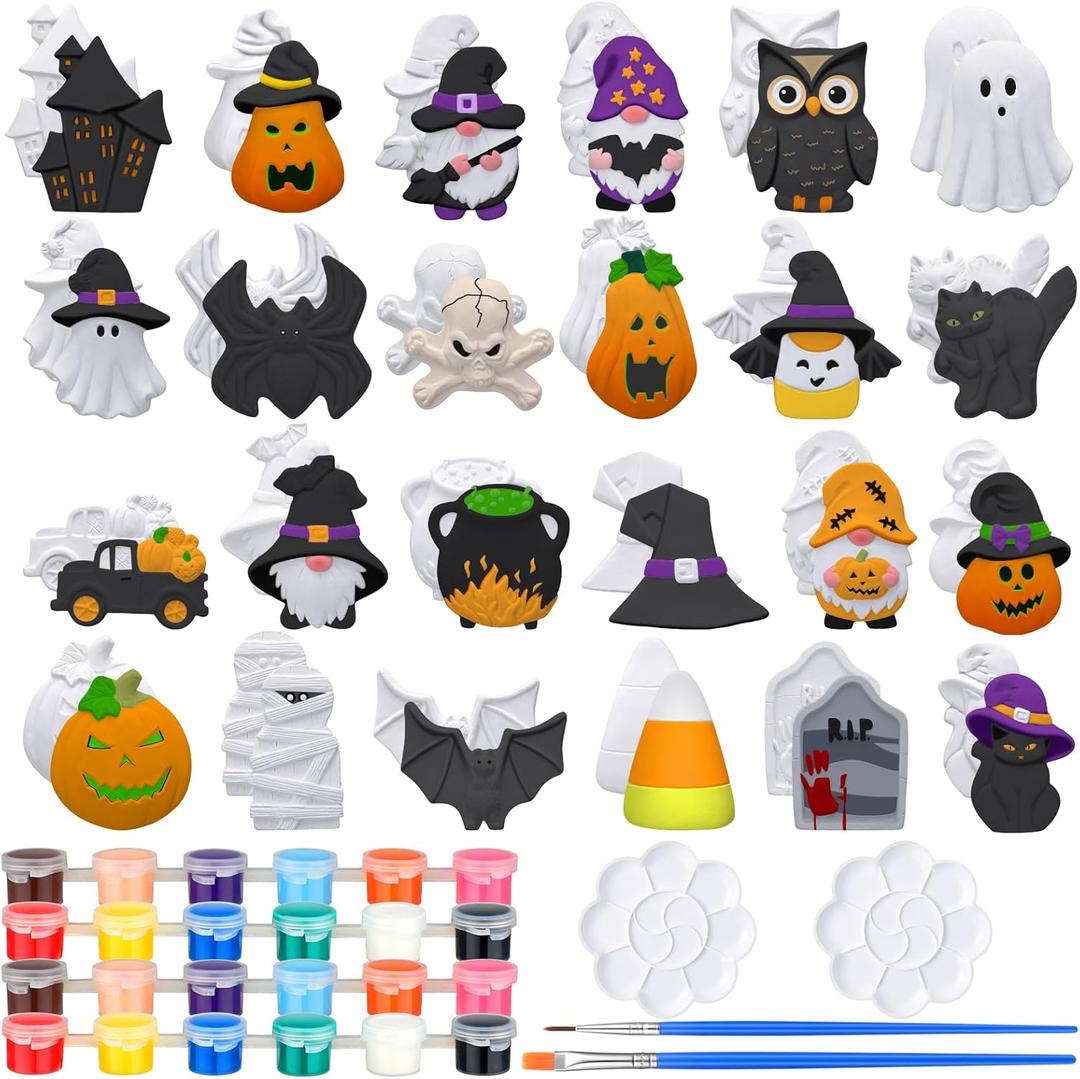 WinnerWhy 24 Sets Halloween DIY Painting Kits with Unpainted Ceramic Pumpkin Ghost Bat Skull Gnome Witch Hat Black Cat for Activity Art Projects Halloween Gifts Party Decor