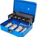 Jssmst Locking Metal Cash Box with Coin Lid, 11.8L x 9.5W x 3.5H Inches, Safe Money Box with Combination Lock, Blue, SM-CB0514BL