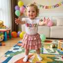 Toddler Baby Girl Birthday Outfit Birthday Girl Embroidery Shirt T-shirt Layered Ruffle Skirt Summer Clothes (White, M)