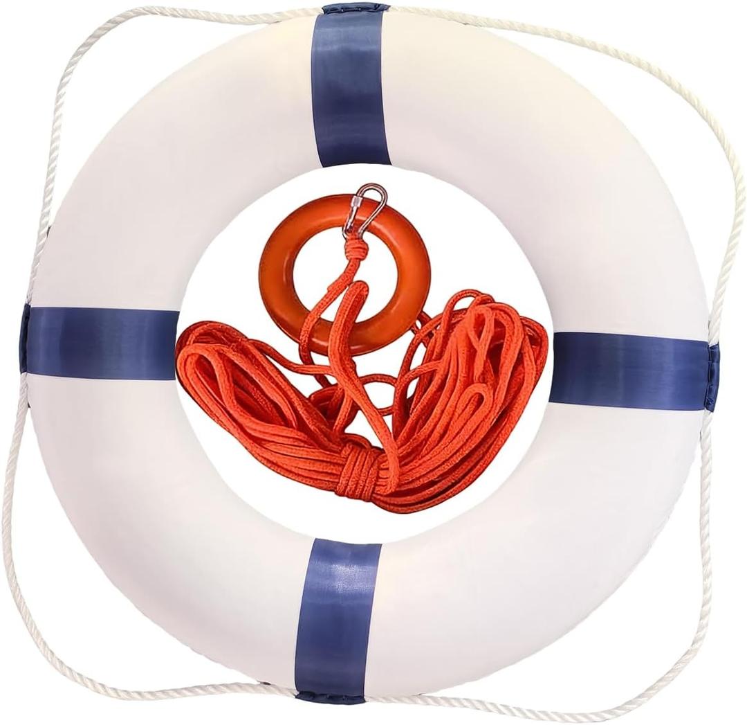 20 Inch Pool Safety Foam Life Preserver Throw Ring, Outdoor Throwable Flotation Device Boat Safety Equipment with 30 Meter Floating Lifesaving Rope, Safety Hook, Grip Ring and Reflective Tape, 19.69"L x 19.69"W