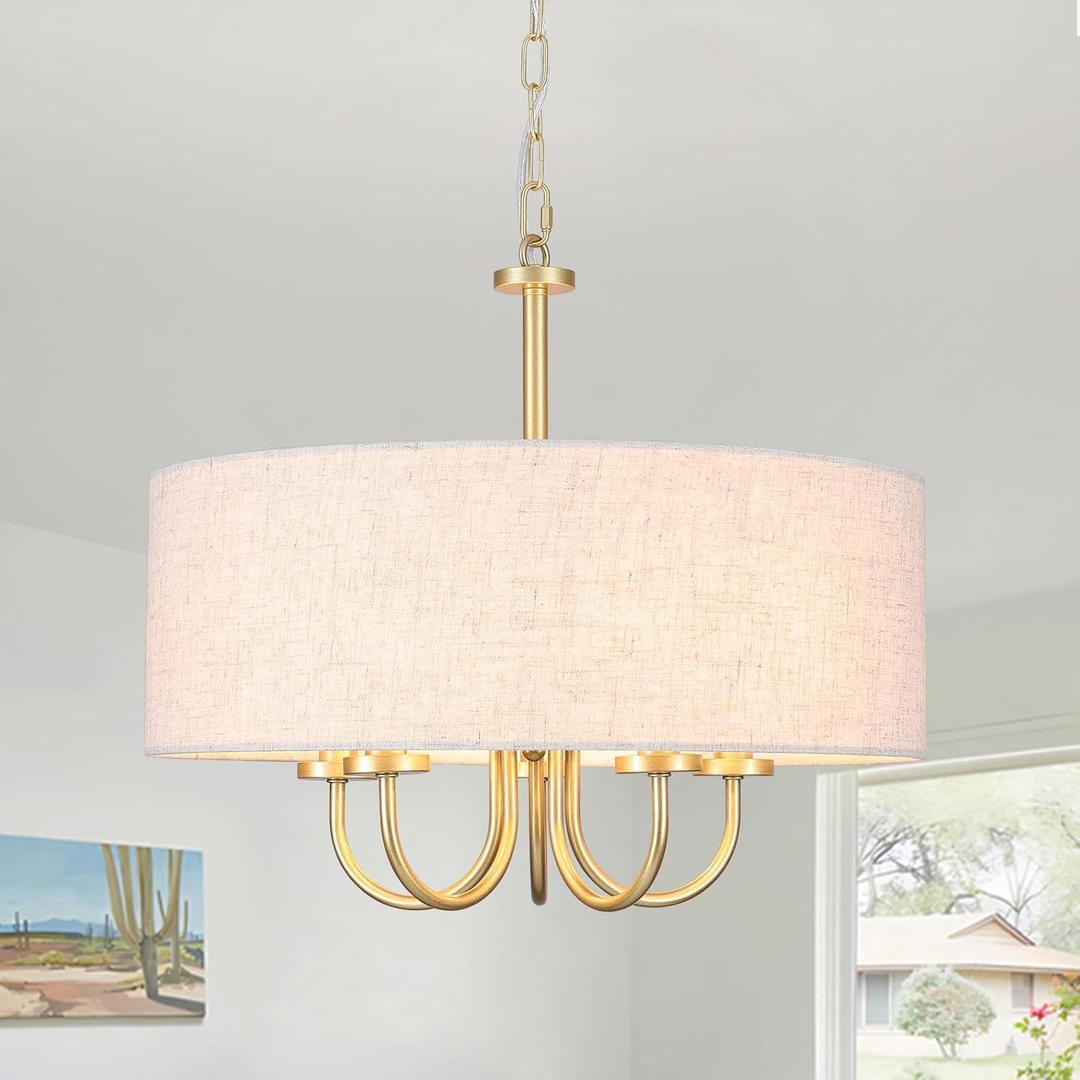 5 Lights Drum Chandelier Gold Farmhouse Chandelier with Shades 19" Large Pendant Light Fixtures Hanging Brass Round Chandeliers for Bedroom Dining Room Over Table Living Room Foyer Kitchen Island