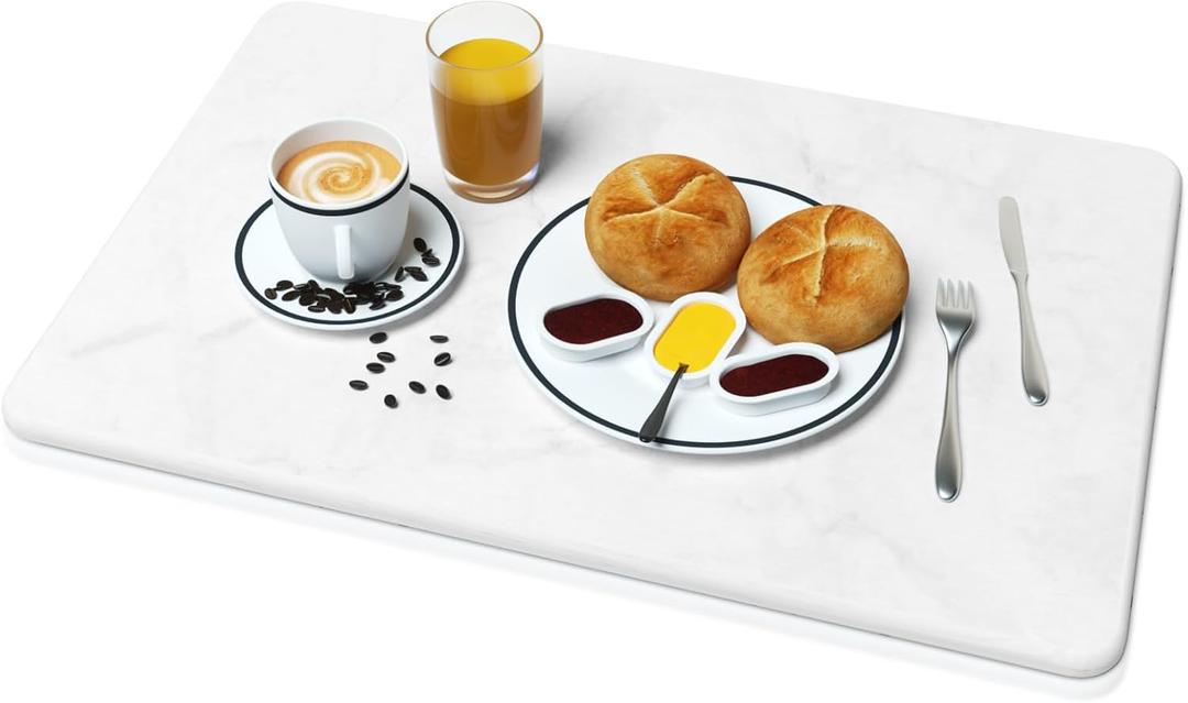 Stone Dish Drying Mat for Kitchen Counter, Quick Drying Diatomaceous Earth Stone Pad, Ultra Absorbent, Non-Slip,Heat Resistant Mat, 15.7"(L)11.8"(W), Whtie Marble