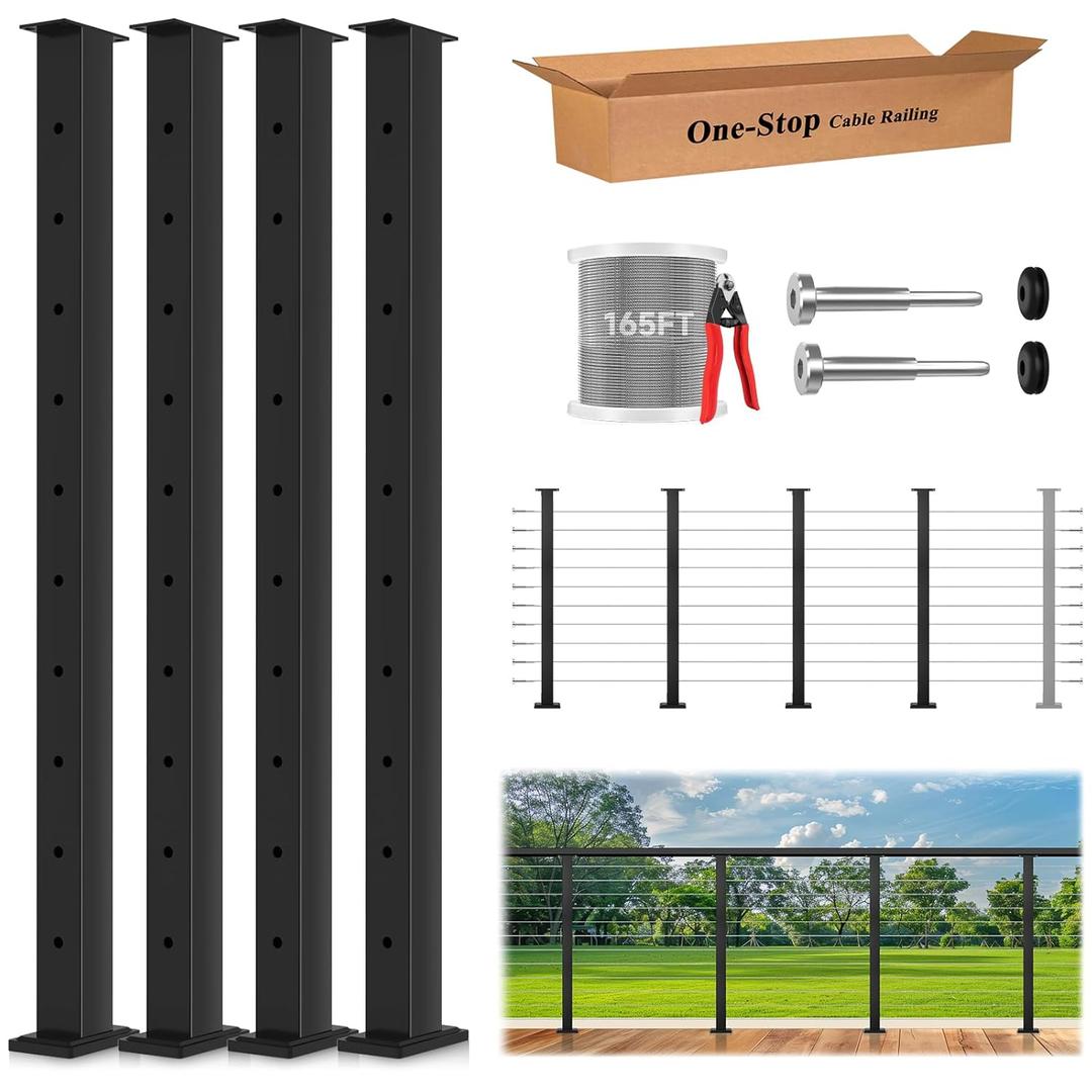 36" One-Stop Cable Railing Post Kit, 4 Pack Fixed Top Level Drilled Line Posts, Cable Railing System Including 4 Railing Posts, 165ft Cable, 20 Terminal, 80 Cable Grommets (No Handrail)