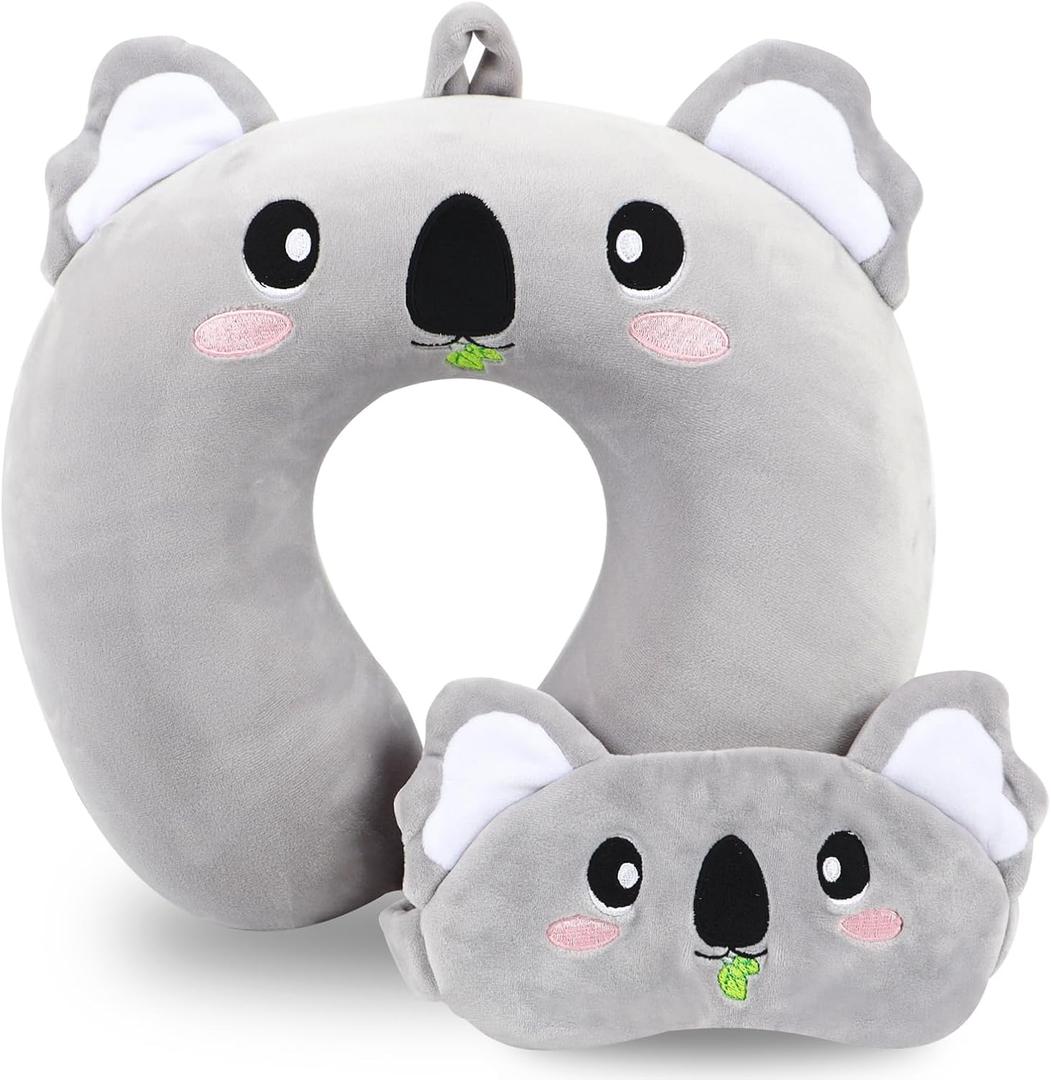 Travel Pillow, Kids Travel Pillow with Sleep Eye Mask Soft Memory Foam Kids Neck Pillow for Boys & Girls, Travel Accessories for Car Airplane Traveling - Koala