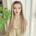 Ash Blonde Wigs Highlight Brown Ombre Color 13x4 Synthetic Fiber Lace Front Wig Long Silky Straight 22Inch Pre Plucked Hairline for Women