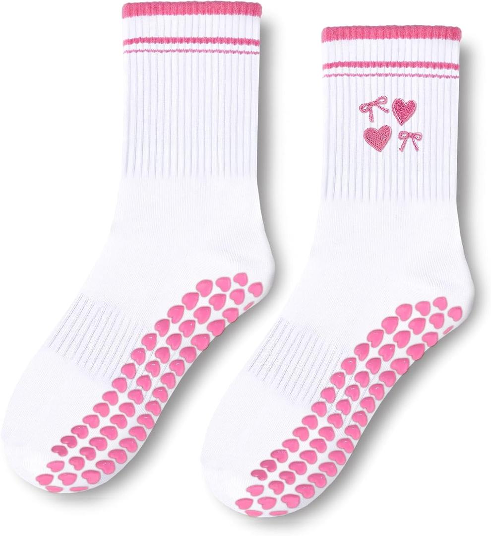 Etercycle Pilates Socks for Women, Cute Embroidery Pattern Yoga Grip Socks | Soft Cotton Crew Grippy Sock, Non Slip, for Barre Dance Workout Athletic Gifts