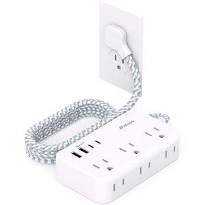 Power Strip Extension Cord - 6 Outlets and 4 USB (2 USB C), 5Ft Braided Cord with Ultra Thin Flat Plug, Wall Mount, Overload Protection, Compact for Travel, Cruise Ship, and Dorm Room Essentials (5 FT, White)