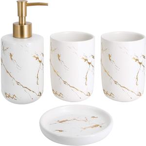 White Marble Ceramic Bathroom Set (4-Piece) - Elegant Soap Dish, Gold Pump Dispenser & Tumblers for Vanity, Sink & Bathroom Decor