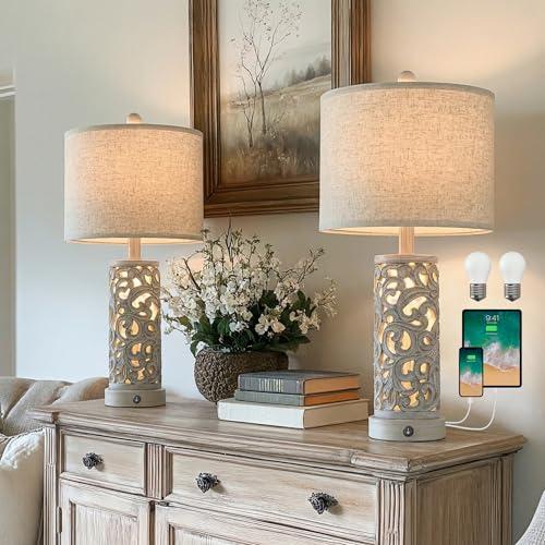 OYEARS Bedside Table Lamps Set of 2 with USB & Night Light, 22'' Farmhouse Bedroom Lamps for Nightstand, Vintage Table Lamps for Bedroom Living Room Home Offce (Bulb Included)