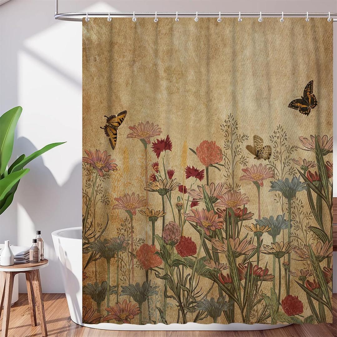 Floral Shower Curtain for Bathroom, Boho Retro Flower Shower Curtains, Rustic Farmhouse Botanical Shower Curtain 60x71 Inch, Nature Plant Leaves Butterfly Waterproof Fabric Bathroom Decor