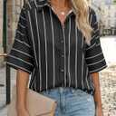 Cicy Bell Women Striped Button Down Shirt Short Sleeve Collared Blouse Tops (Black)