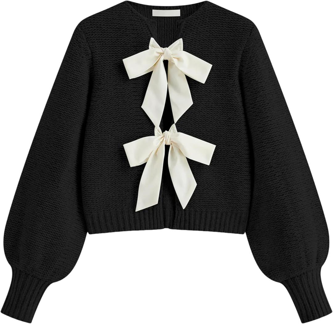 Lianlive Women's Bow Tie Front Cardigan Sweater Long Sleeve Knit Sweaters Top Open Front Chunky Coat Knitwear (Black, Small)