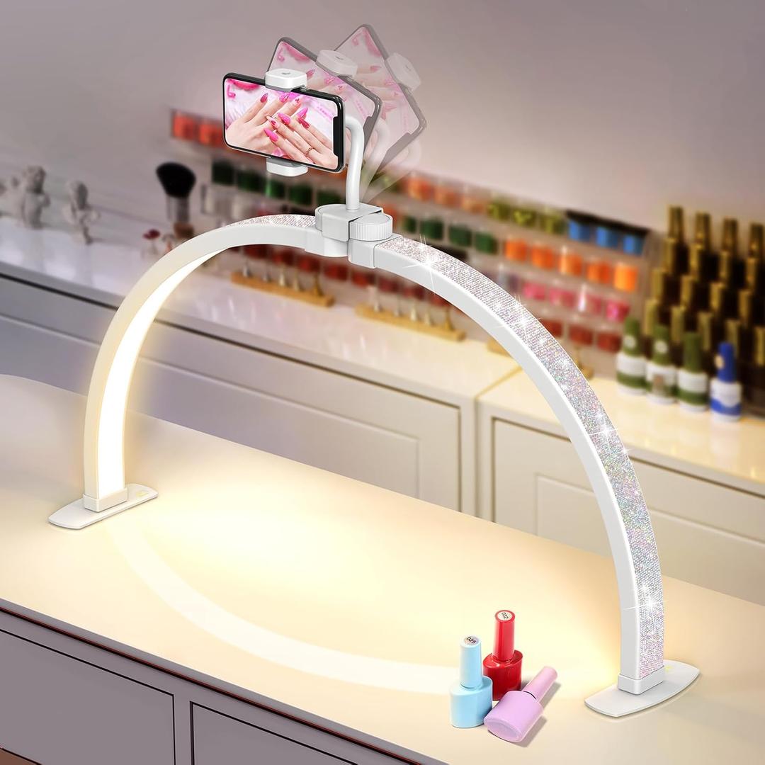 Yokilly Half Moon Light for Nail Desk: 23" Foldable Half Moon Desk Lamp with Phone Holder for Beginner - Arch Nail Tech Light with 3 Color Modes & 10 Brightness for Manicure Salon (Diamond, Small)