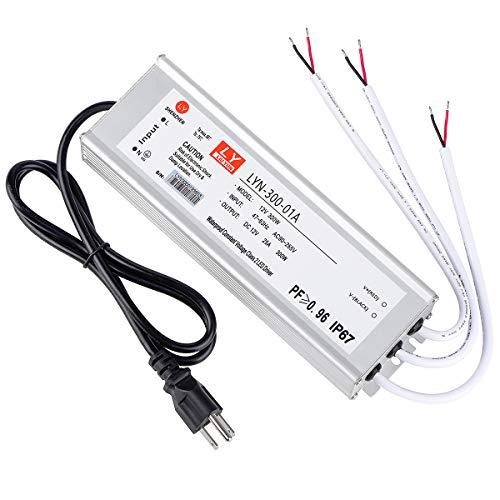 LED Driver 300 Watts (100W X3) 25A Waterproof IP67 Power Transformer Adapter 90-265V AC to 12V DC Low Voltage Output, with 3-pin Plug 3.3 ft LED Cable for LED Lighting Outdoor Light and Any 12V DC