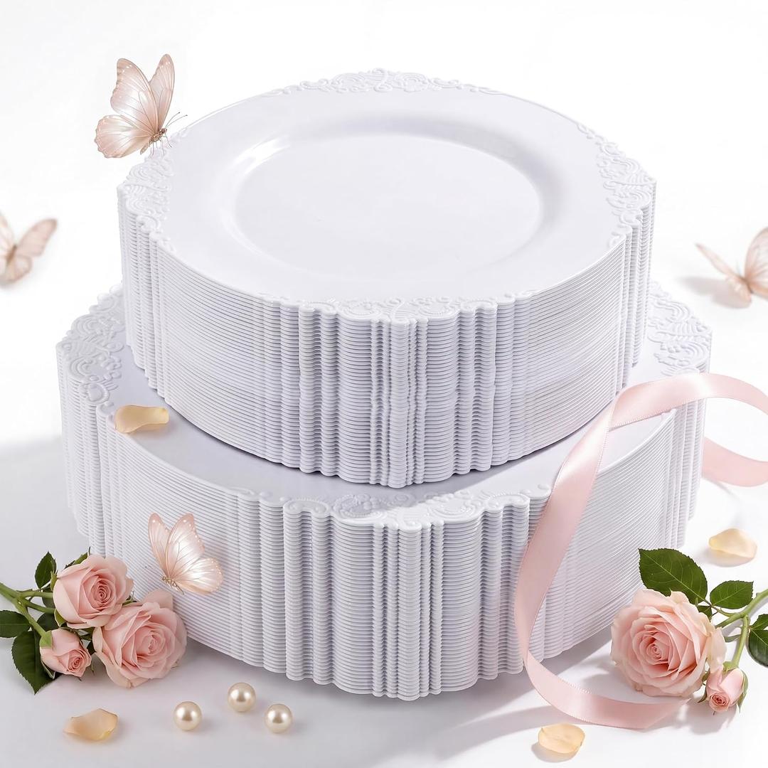 Morejoy 100PCS White Plastic PlatesWhite Disposable PlatesInclude 50 Pieces 10.25 Inch Dinner Plates & 50Pieces 7.5 Inch Dessert Plates,Perfect for Weddings & Party
