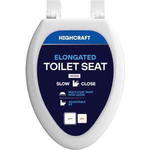 HIGHCRAFT Premium Elongated Toilet Seat with Slow-Close Design & Adjustable Hinges - Molded Wood Toilet Seat - Fits Standard Elongated Toilets - Oval Seat in White