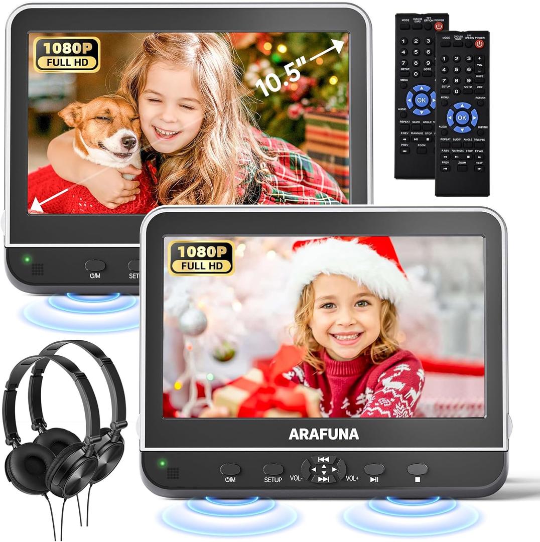 ARAFUNA 10.5" Portable DVD Player for Car with 1080P Full HD HDMI Input, Car DVD Player Dual Screen with Mounting Bracket, Headrest DVD Player Support Last Memory, USB/SD Card