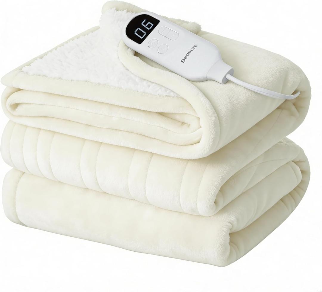 Bedsure Electric Blanket Twin - Soft Flannel Heated Blanket Twin Size, Fast Heating with 6 Time Settings (Up to 10H) & 6 Heat Settings, Warm Gift for Grandma (62x84 inches, Ivory)