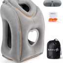 Sunany Travel Pillow, Upgraded Plane Pillow for Long Flights, Inflatable Neck Pillow Used for Airplanes,Cars,Buses,Trains,Office Napping with Eye Mask,Earplugs (Gray) (Medium, Grey (Head Heart-shape&sloping Base))