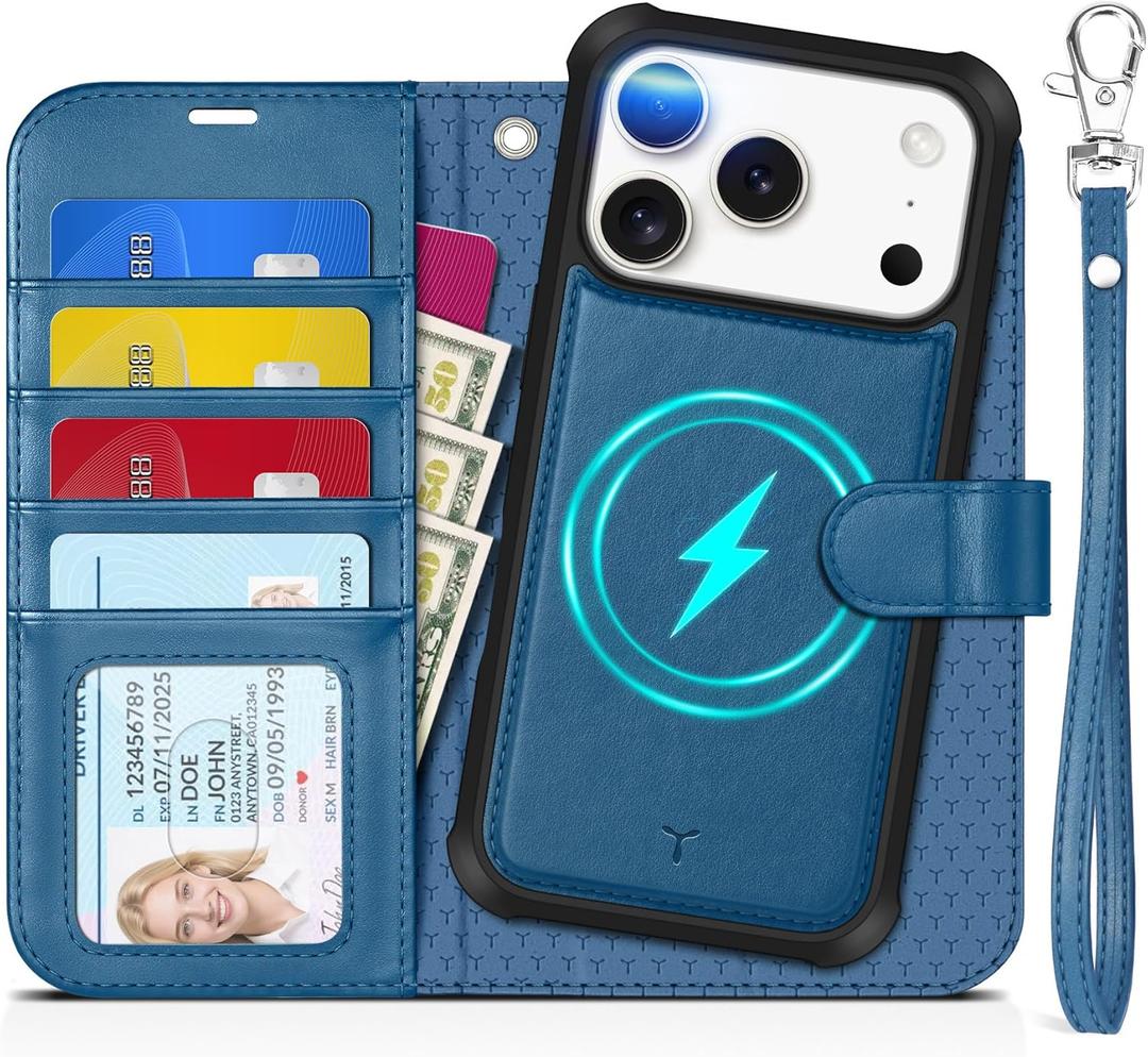TUCCH Detachable Case Wallet for iPhone 17 Pro (6.3") 2025, Wrist Strap | 4 Card Slots RFID Blocking | Wireless Charging | Stand | 2-in-1 Magnetic | PU Leather | Shockproof Folio Cover | Light Blue