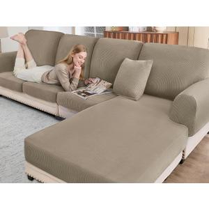 Sectional Couch Covers for Sofa Cushion L Shaped Couch Cover Washable Soft Couch Cushion Covers Stretch Sofa Slipcovers with 2 Pcs Pillowcases(4-Piece 3 Seater + 1 Chaise, Khaki)