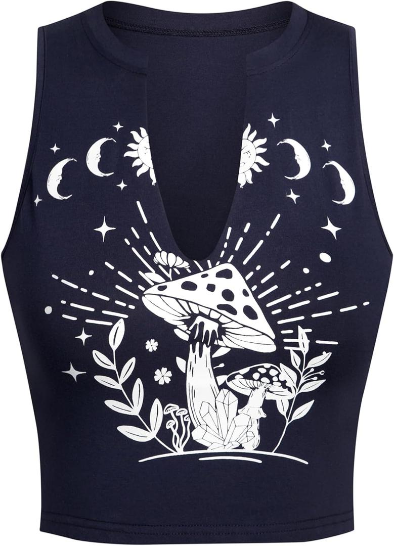 Remidoo Women's Graphic Tank Top Sleeveless Notched V Neck Muscle Crop Top Mushroom Shirt (XL)