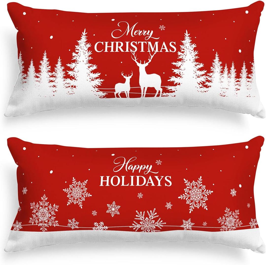 Lanpn Christmas Lumbar Pillowcase 14x36 Set of 2, Red Christmas Tree Snowflake Pillow Cases 14 x 36 Long Big Rectangle Lumbar Bed Pillow Covers Winter Holiday Xmas Throw Pillow Cushion Cover 2 Pack