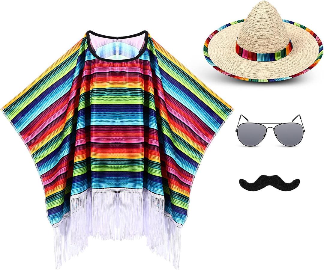 Yahenda Western Costume Set 5 Pcs Fiesta Outfit Serape Poncho Sombrero Hat Sunglasses Mustache Cinco De Mayo Dress Small Size (35 x 23'')