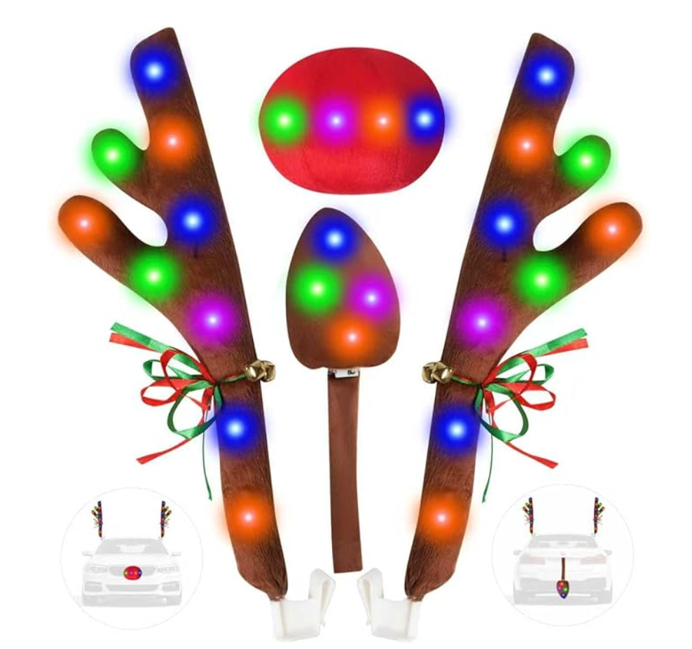 Christmas Reindeer Antlers Car Decoration Kit, LED Multicolor Lights Nose Vehicle with Jingle Bells Rudolph, Auto Holiday Accessories for SUV Van Truck Decor