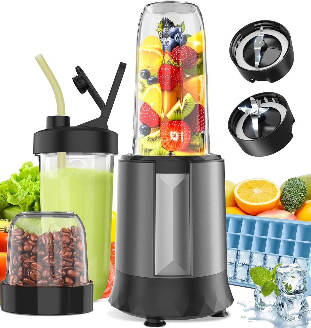 Smoothie Blender, 1300 W Upgraded Compact Personal Blender for Shakes and Smoothies, Juice, Frozen Drinks, Sauces & More, Smoothies Maker with 2 * 32 Oz To-Go Cups, 2*Spout-Lids (Grey)