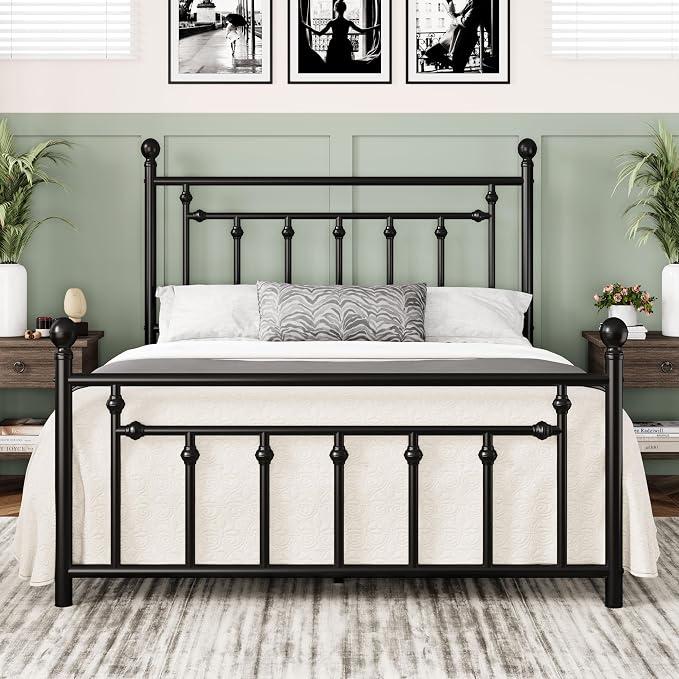 Full Size Metal Platform Bed Frame, Vintage Headboard, Black | 50'' Tall Victorian Headboard/Footboard/Mattress Foundation/Under Bed Storage/No Box Spring Needed/Easy Assembly/Noise Free