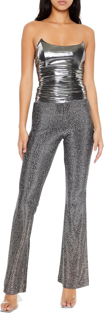 Forever 21 Womens Glitter High-Rise Flare Pants (Large, Grey)