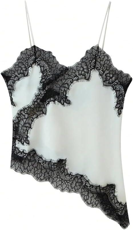 Women Y2k Satin Lace Trim Sleeveless Spaghetti Strap Cami Tops Silk V Neck Backless Asymmetrical Hem Tank Top, M