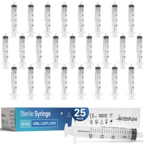 20 ml Syringe without Needle - 25 Pack of Individually Wrapped Disposable Syringes - Good for Medical, Scientific Lab, Home Use, and More - Sterile Luer Lock Syringes