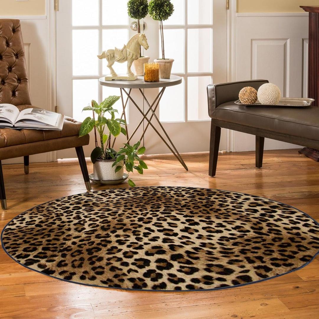 Leopard Rug 5ft Round Area Rugs Washable Print Non-Shedding Round Rug Soft Non-Slip Circle Carpet for Bedroom Living Room Dining Room Nursery Kitchen