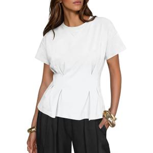 Fisoew Womens Peplum Tops Short Sleeve Babydoll Summer T Shirts Casual Crop Crew Neck Pleated Blouses White, M