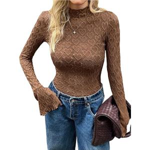 MakeMeChic Women's Mock Neck Bell Sleeve T Shirt Textured Fitted Dressy Tops Coffee Brown Small