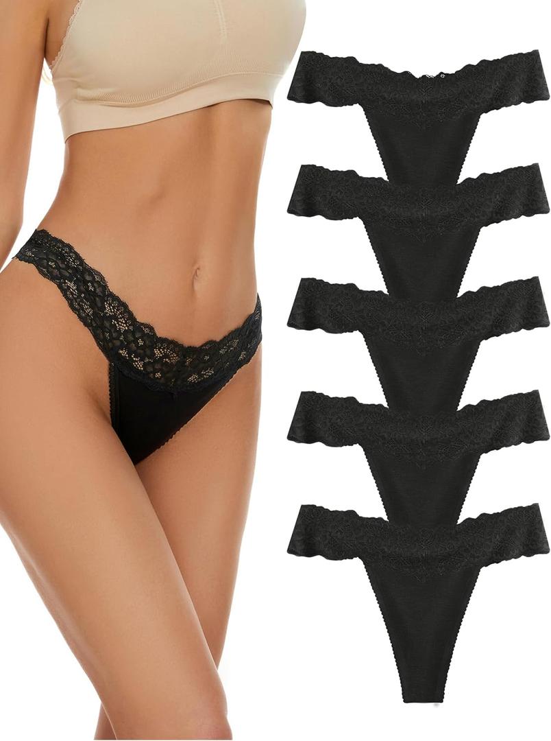 voenxe Seamless Thong for Women,No Show Lace Underwear,Ladies Breathable Comfort Panties Soft Laser Cut Undies,Tanga,5-Pack (X-Small, Black)