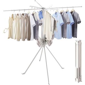 Foldable 4-Legged Clothes Drying Rack, Heavy Duty Laundry Drying Rack with Sock Clips & Shoe Holders, Large Capacity Collapsible Drying Stand for Indoor Outdoor Use (White)