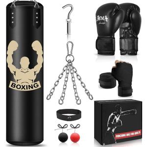 Hanging Punching Bag for Adults, 4FT PU Heavy Bag Boxing Training Equipment with 12OZ Gloves, Reflex Ball, Wristband, Kicking Bag Boxing Set for Training Karate Kickboxing Home Gym(Unfilled) (Black)