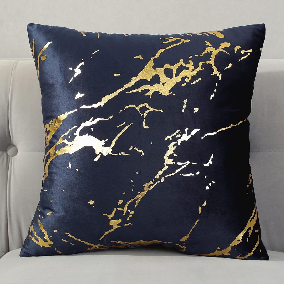 TAOSON Pack of 2,Velvet Marble Pattern Lines Geometric Bronzing Printed Cozy Soft Throw Pillow Cases Cushion Covers Shells for Sofa Couch Bed Home Decoration 18 x 18 Inches, Navy Blue and Gold