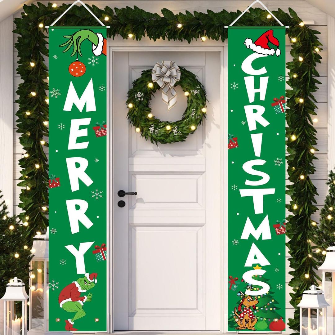 Christmas Decorations MERRY CHRISTMAS Green Banner Xmas Porch Door Sign Welcome Banner Decor for Indoor Outdoor Wall Home